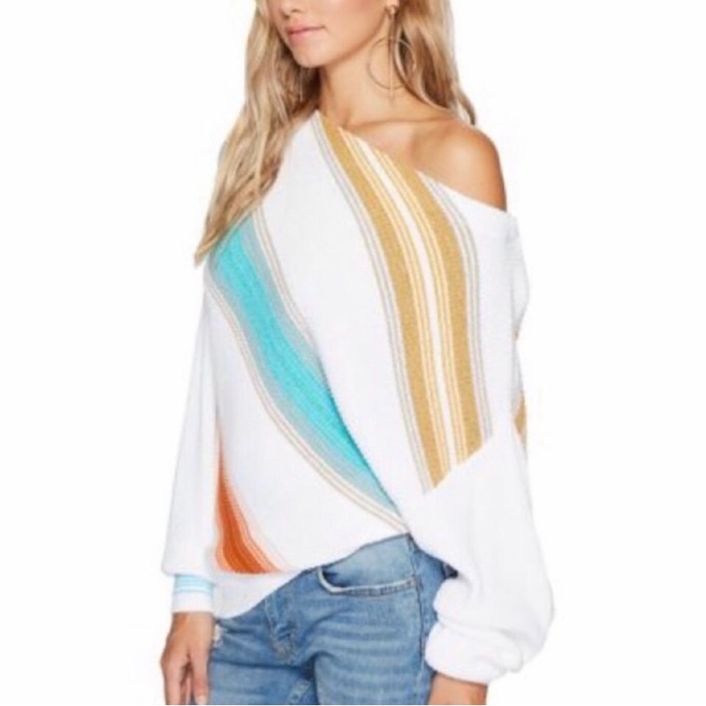 Free People Off-the-Shoulder Sweater White and Blue Asymmetrical Design